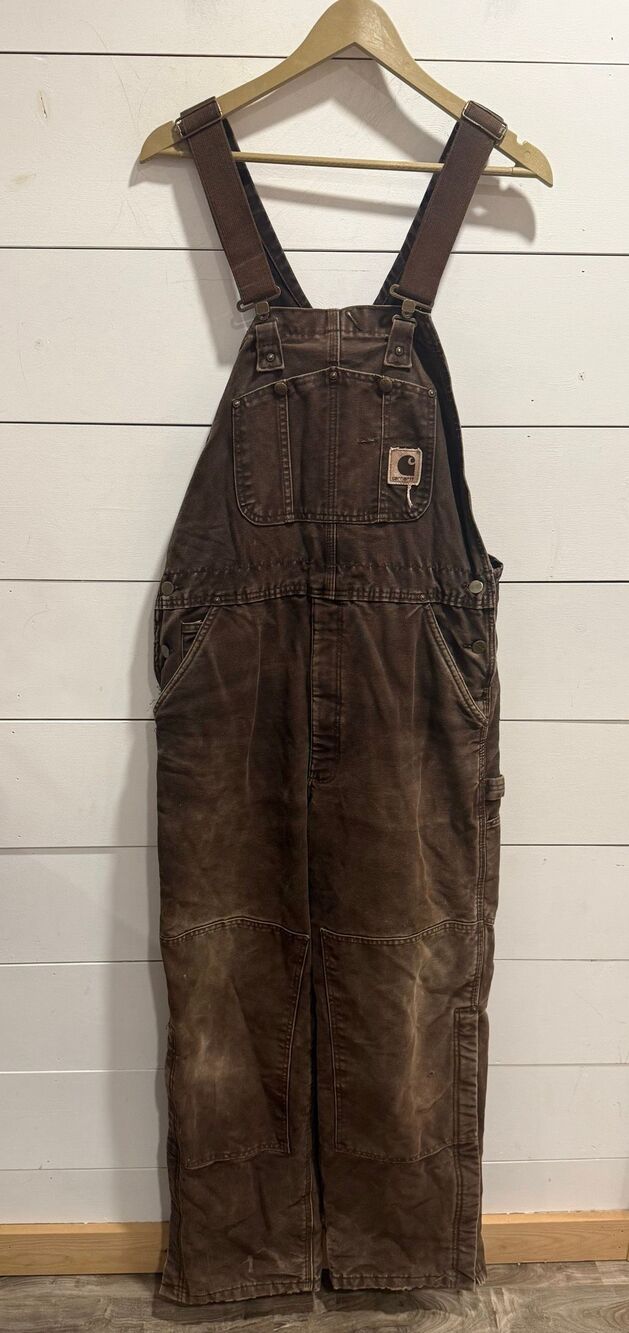 Carhartt R27 Men’s 36x32  Brown Insulated Sandstone Bib Overalls Distressed